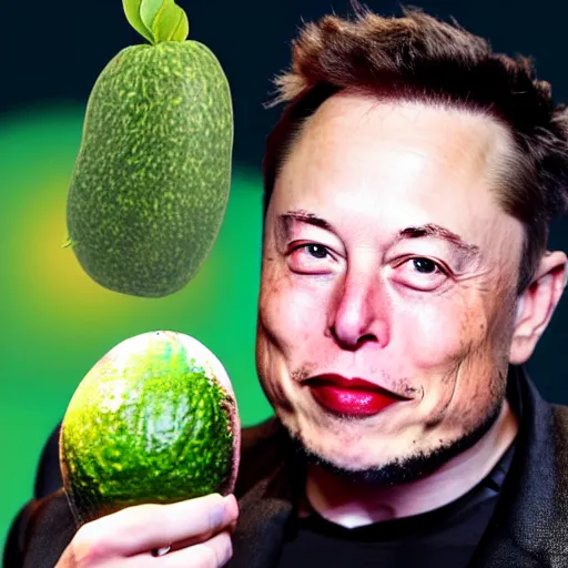 Prompt: elon musk has achieved his dream of becoming an avocado, elon musk sitting in an avacado, elon musk inside of an avacado, photograph, in a boxing ring, cinematic photography