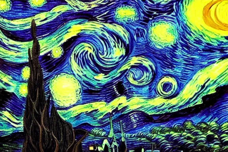 Image similar to man is seeing old god cthulhu terrifying the night sky of a city, epic scene oil painting hyper - detailed realistic dark - art painted by van gogh