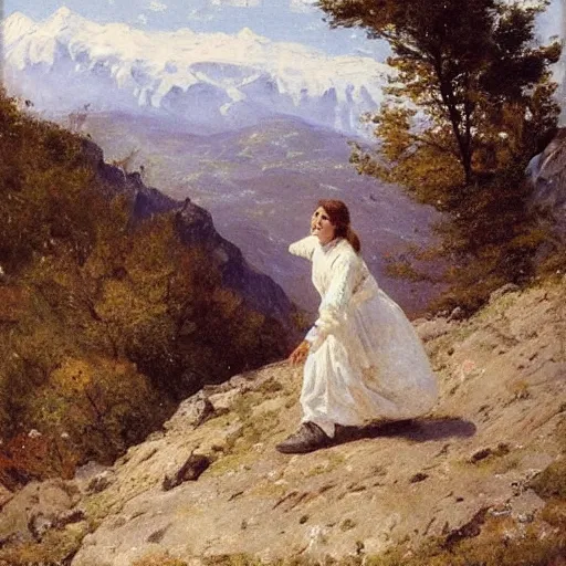 Prompt: a young woman climbing a mountain, by alfred stevens