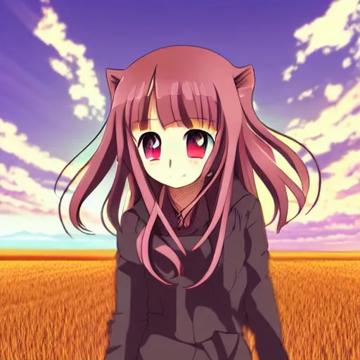 Image similar to anime illustration of Holo from Spice and Wolf standing in a wheat field at sunset, Holo if a wolf girl