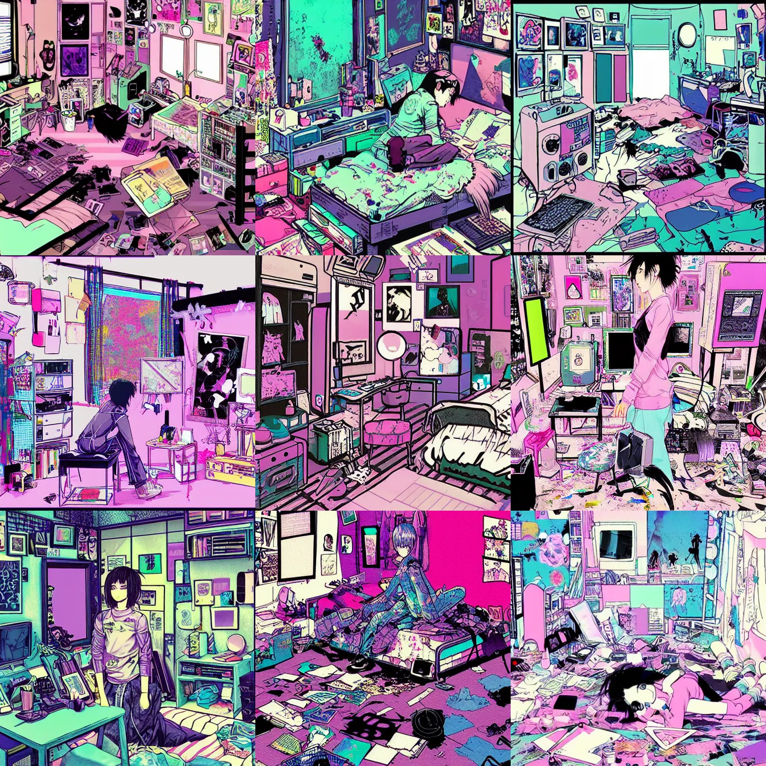 Prompt: digital art pastel goth aesthetic, messy room, high contrast, vaporwave, highly detailed, by asano and hirohiko araki