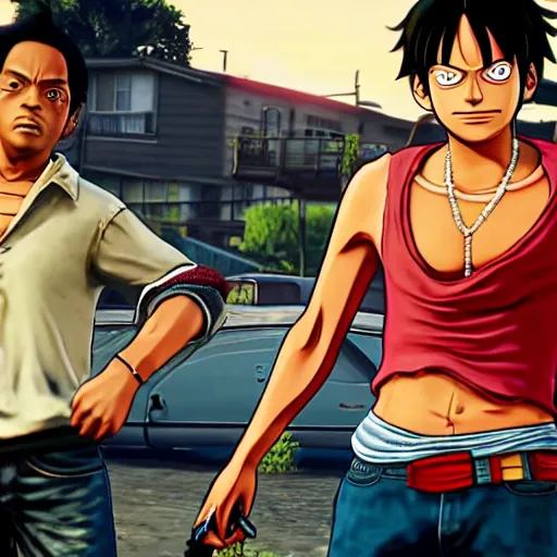 Image similar to Luffy in GTA V, gameplay, 4k,