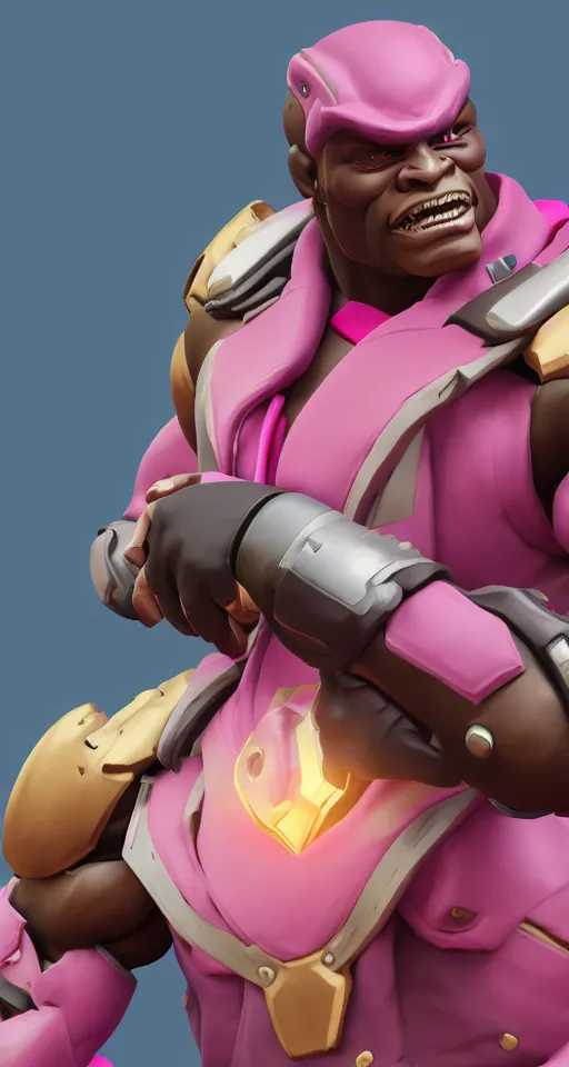 Image similar to doomfist, pink blazer, overwatch game, digital art, high detailed, artstation, 3 d render