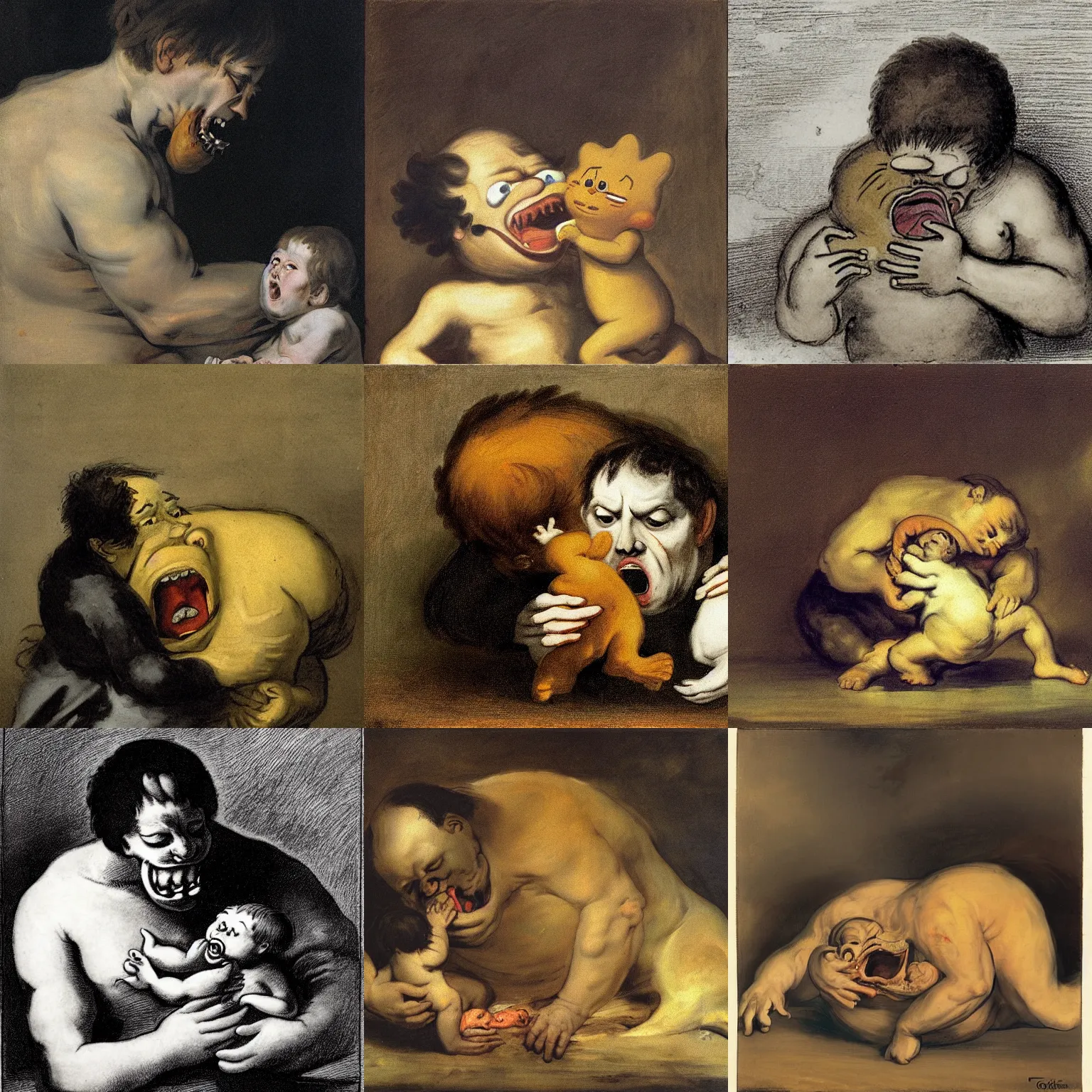 Prompt: Garfield devouring his son, by Francisco de Goya