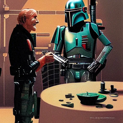 Prompt: ig-88 talking to boba fett in the cantina, artwork by ralph mcquarrie