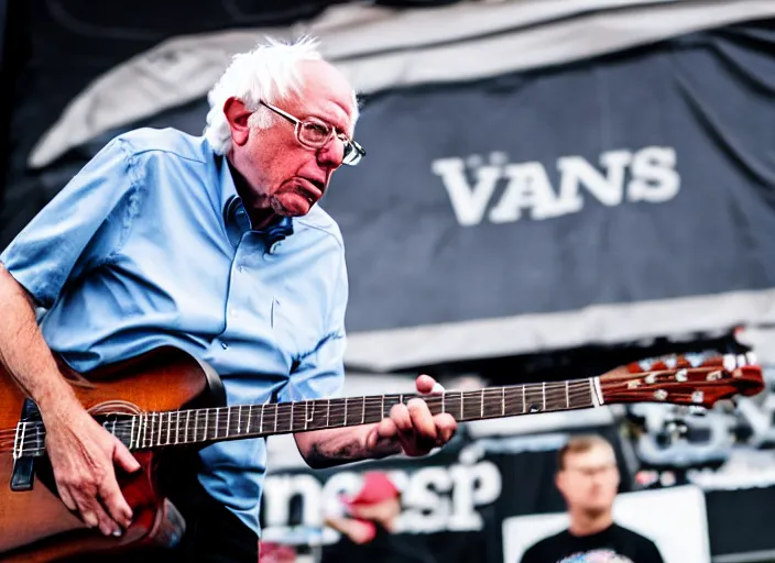 Image similar to photo still of bernie sanders at vans warped tour!!!!!!!! at age 8 0 years old 8 0 years of age!!!!!!! on stage shredding guitar, 8 k, 8 5 mm f 1. 8, studio lighting, rim light, right side key light