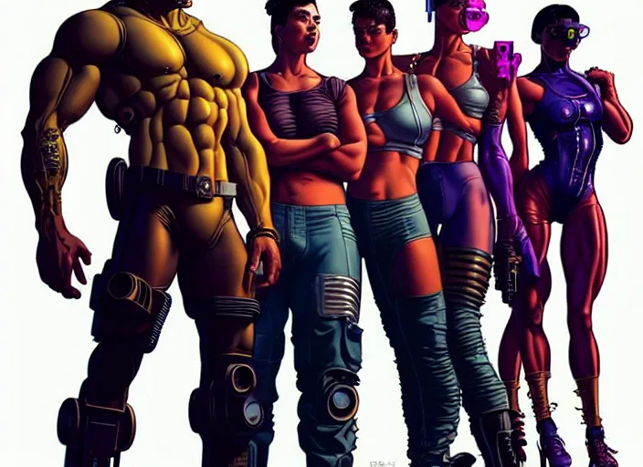 Prompt: cyberpunk bodybuilder gang. portrait by stonehouse and mœbius and will eisner and gil elvgren and pixar. character design. realistic proportions. cyberpunk 2 0 7 7 character art, blade runner 2 0 4 9 concept art. cel shading. attractive face. thick lines. the team. diverse characters. artstationhq.