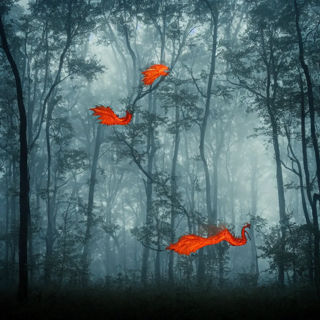 Image similar to fire breathing dragon flying over foggy old forest near small pond, very detailed, 4 k, professional photography