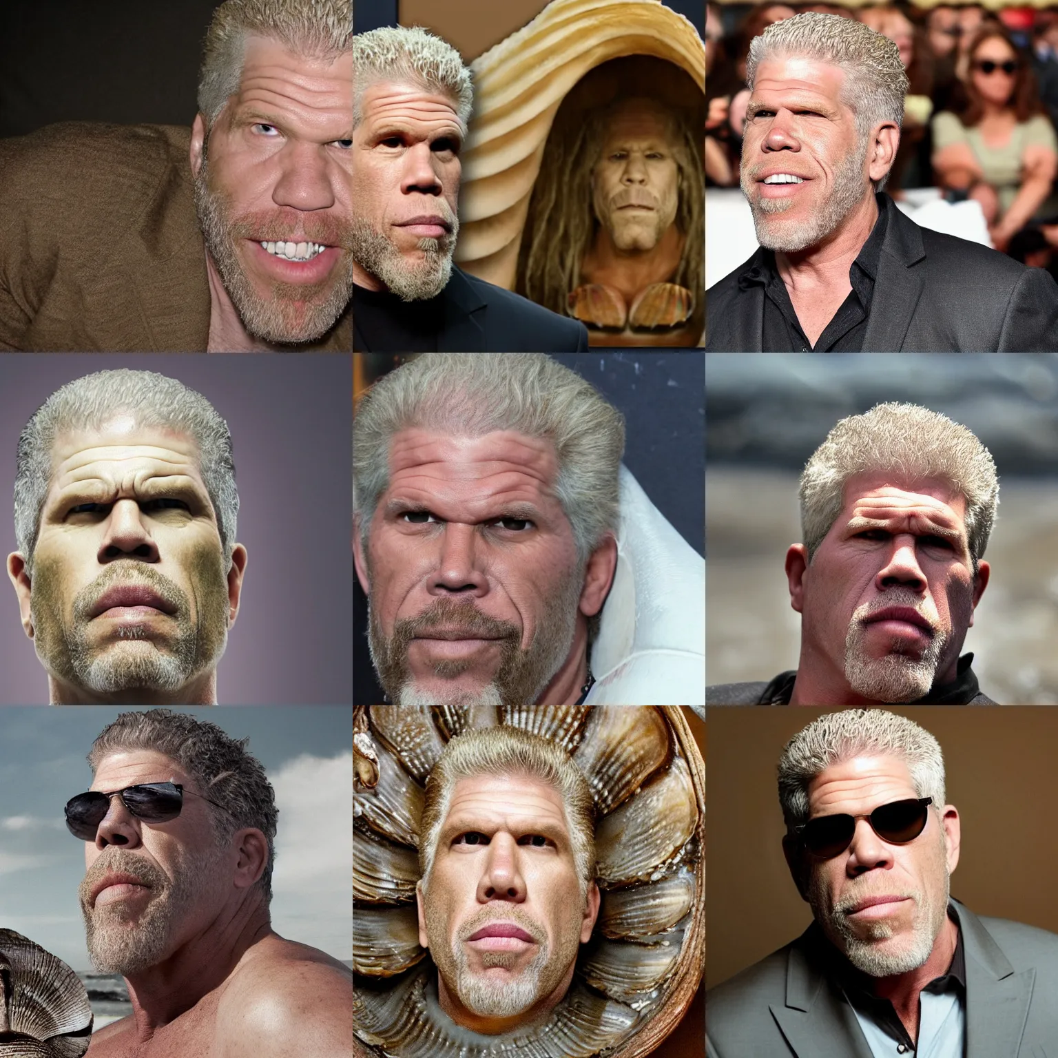 Prompt: ron perlman's head inside a clam shell