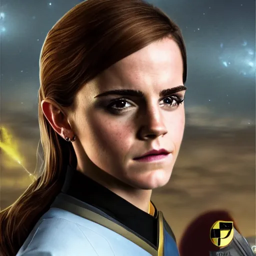 Prompt: a portrait of emma watson as a star fleet officer from star trek next generation, ultra rendered extreme realism and detail, 8 k, highly detailed, realistic, completely framed, pbr, surreal, hyper realistic, colorful, direct lighting, 3 5 mm photo, photorealistic, sharp focus