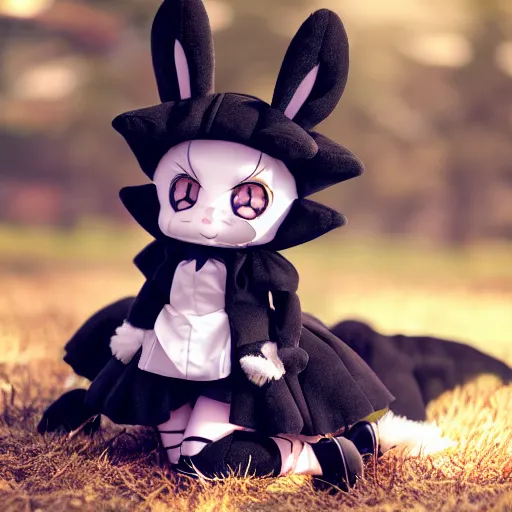 Image similar to cute fumo plush bunny girl, floppy ears, gothic maiden, alert, furry anime, smiling widely, vray