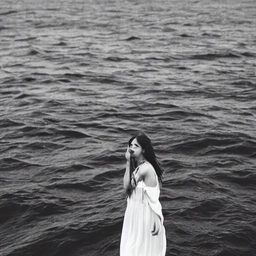 Image similar to A visibly melancholic sad and astonishingly beautiful hamburger in the middle of the ocean. tumultuous sea. cloudy. long wavy hair. long wavy white dress. black and white. 24mm lens. shutter speed 1/30. iso 350. f/5.6 W-1024
