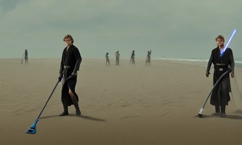 Prompt: anakin skywalker vacuuming the beach to remove sand, 4 k, film still, trending on artstation