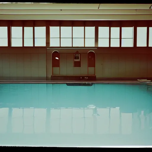 Prompt: an empty indoor swimming, 35mm film