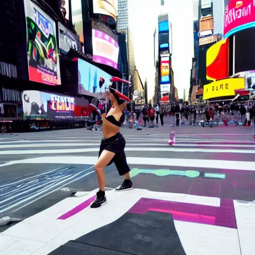 Prompt: dj marshmello working out in times square, realistic, highly detailed