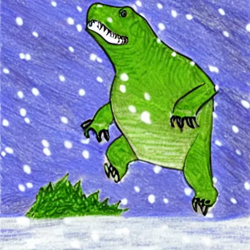 Image similar to cute drawing of a t-rex standing in a snowstorm