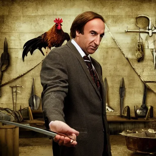 Image similar to saul goodman and a rooster in a medieval torture chamber, saw blades and knives in the background, horror movie, saul goodman!!!!!, rooster!!!!, real life photo, detailed face