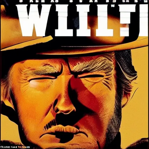 Image similar to donald trump as clint eastwood squinting at high noon in the style of a clint eastwood movie, the good, the bad and the ugly, clint eastwood, steven seagal, bud spencer, donald trump, glory days, patriotism