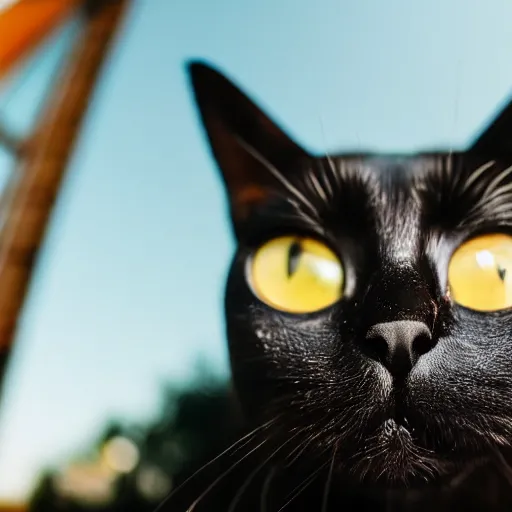 Prompt: black cat taking a selfie, close up, fisheye lens