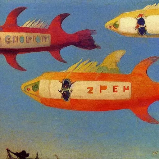 Image similar to zepplins in the shape of fish, 1905, brightly coloured oil on canvas, by ilya repin