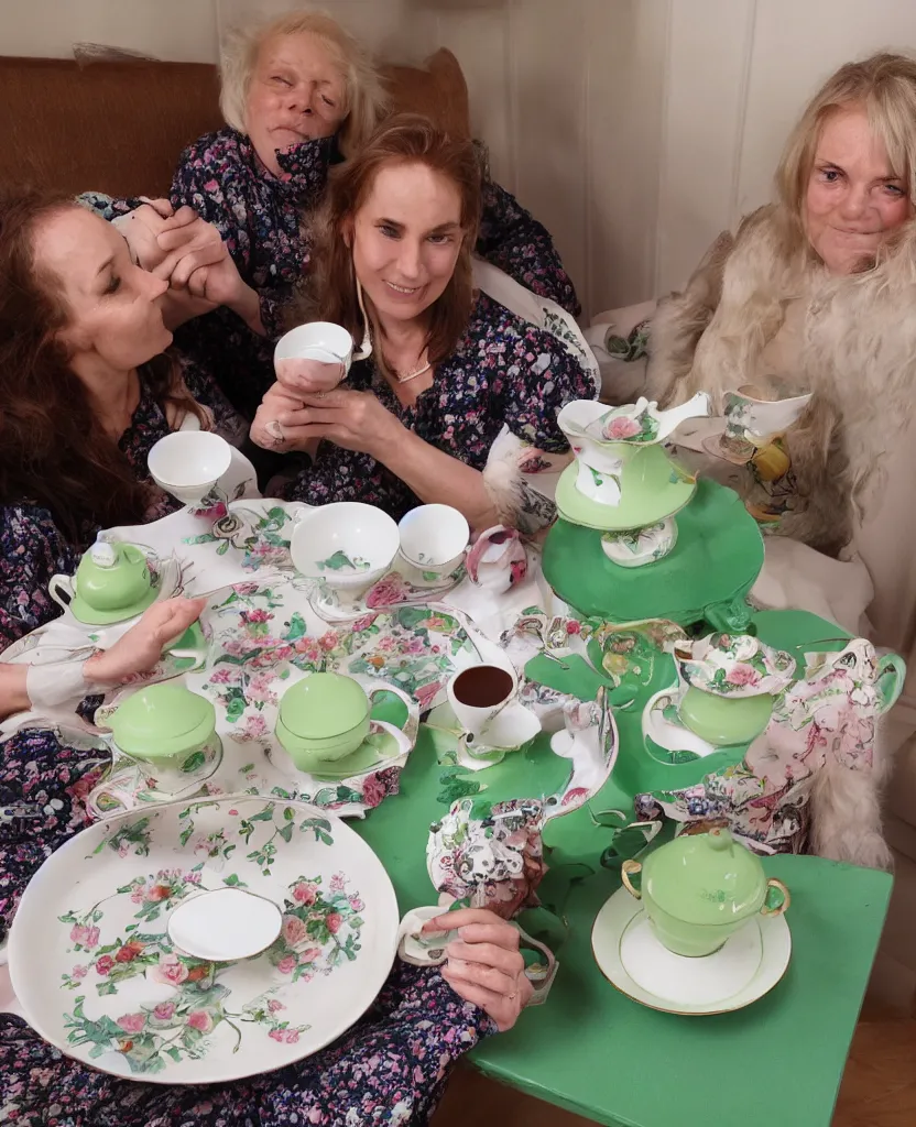 Image similar to cup and saucers it’s tea time with your green aunt and her best friend mid day London room