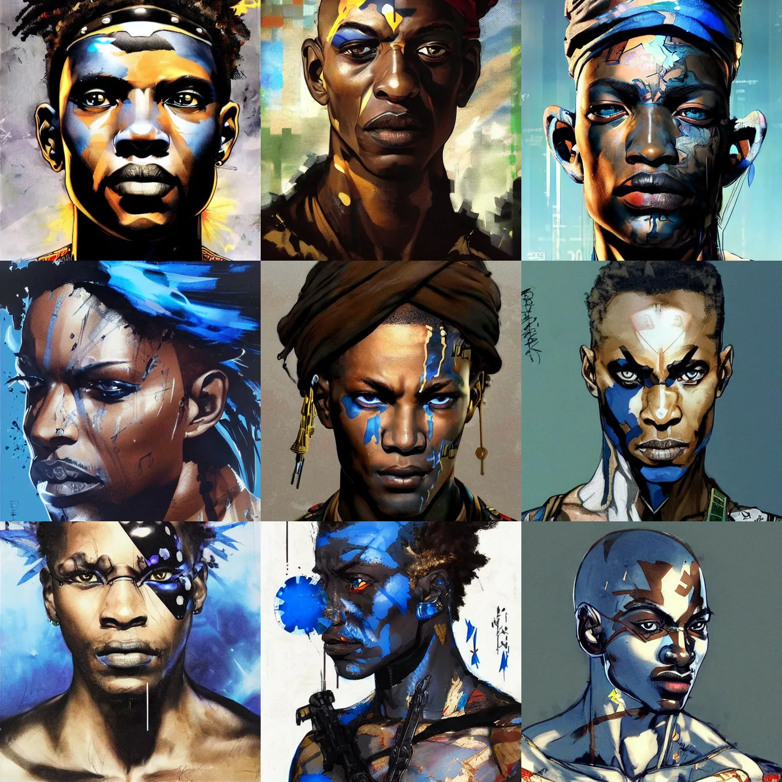 Prompt: a beautiful side portrait of a soldier black african seer, fortune teller. blue - eyes - glowing, no - pupils, he has a tattoo in his forehead. art by yoji shinkawa and sandra chevrier, trending on artstation, award - winning, perfect composition.