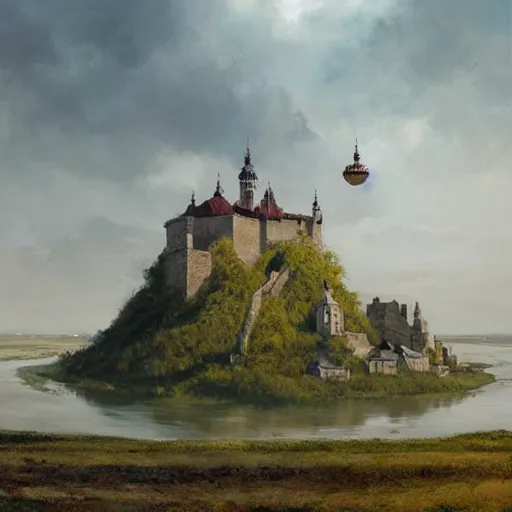 Image similar to greg rutkowski painting of an island floating in the air above a barren wasteland, there is no connection between the island and the ground, on the island there is a cracow wawel castle and a lot of green vegetation, beautiful, detailed