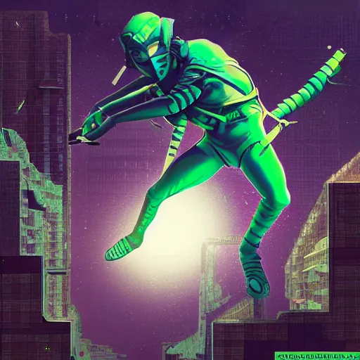 Prompt: a lunarpunk ninja on the roof of a building overhead view, digital art, trending on artstation, behance, deviantart