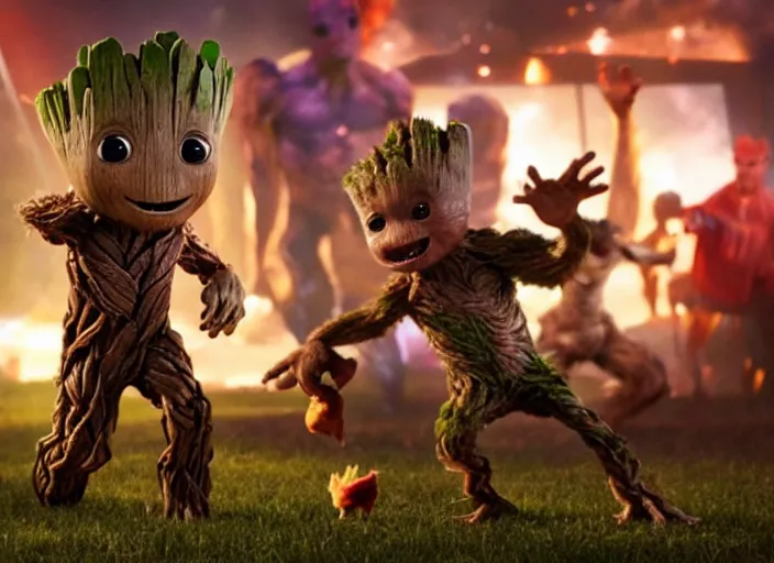 Image similar to film still of young groot having a dance party with a chicken in the new avengers movie, 4 k,