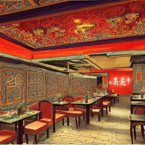 Prompt: a beautiful hyperdetailed interior 4 k hd wallpaper illustration of roasted string hotpot restaurant restaurant yan'an, wall painting, from china, with merchant logo, fine delicate structure, chinese style, victo ngai