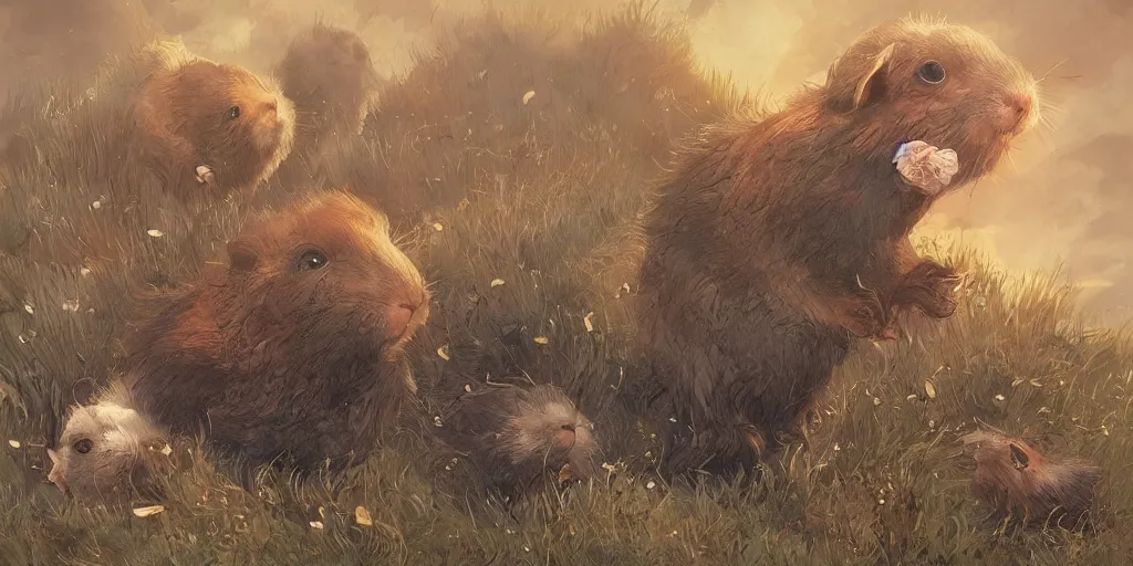 Prompt: a bunch of cute guinea pig, clear skies, marc simonetti and caspar david friedrich, trending on artstation
