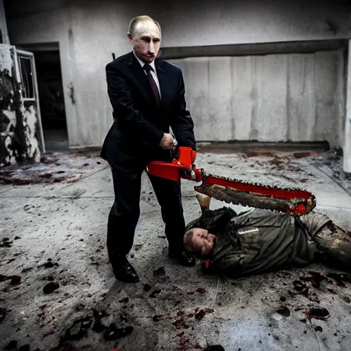 Image similar to putin with a chainsaw and a corpse. in a concrete bunker. focus on putins face with blood splatters. canon eos r 3, f / 1. 4, iso 1 6 0 0, 1 / 8 0 s, 8 k, raw, grainy