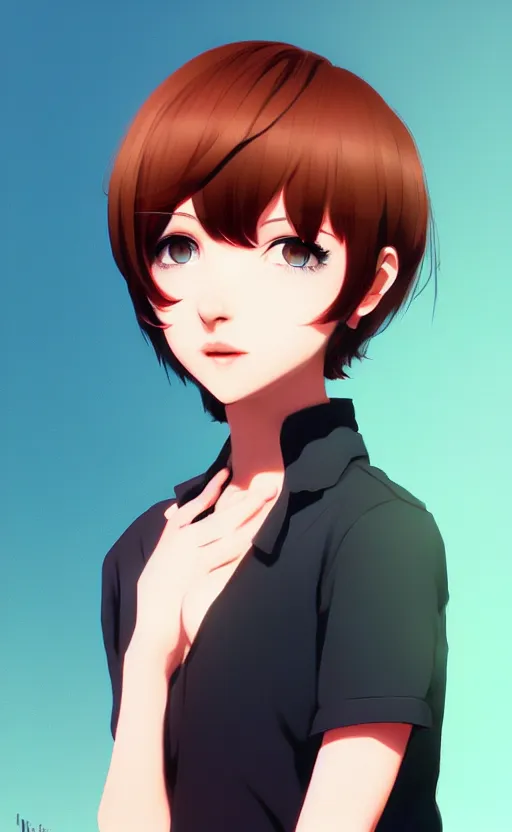 Image similar to a playful and cute girl with short hair, by ilya kuvshinov