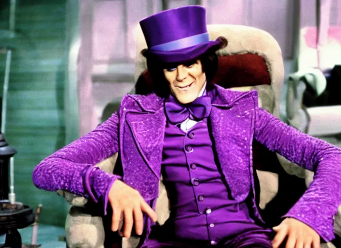 Image similar to film still of Jim Carrey as Willy Wonka in Willy Wonka and the Chocolate Factory 1971