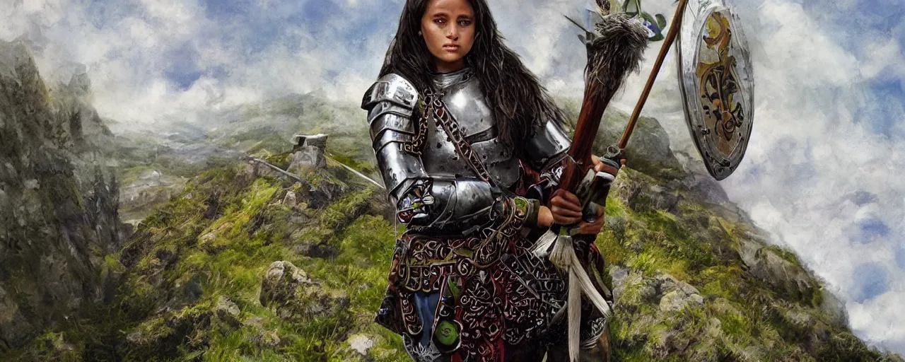 Prompt: https://www.tribality.com/wp-content/uploads/2016/01/ranger-scout.jpg photo of one beautiful medieval-female-scout in plated armor with green crystals who is watching over the countryside from a cliff, elegant, highly detailed, smooth, sharp focus, illustration, beautiful, geometric, trending on artstation, unreal engine, octane render, cinematic, artwork by WLOP