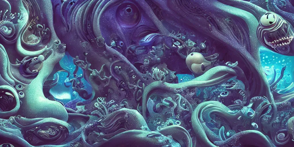 Image similar to of an intricate deep sea with strange cute friendly happy creatures with huge eyes, long tongue, round teeth and goofy funny face, appearing from the background, in the style of gehry and gaudi, macro lens, shallow depth of field, ultra detailed, digital painting, trending artstation, concept art, illustration, cinematic lighting, photorealism, epic, octane render