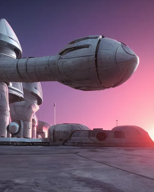 Image similar to 3 d render of a scifi spaceport, sunset lighting, unreal engine, hyper realism, realistic shading, cinematic composition, blender render, octane render, detailed textures, photorealistic, ultrawide shot