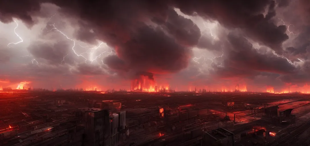 Image similar to dramatic view of empty cyberpunk underground foundry, giant burning fire pillars, chimney stacks spitting out fire and smoke, glowing ominous clouds, lightning, unreal engine, dramatic lighting, detailed, ambient occlusion, global illumination, god rays, 3 d artstation render by greg rutowski and jessica rossier