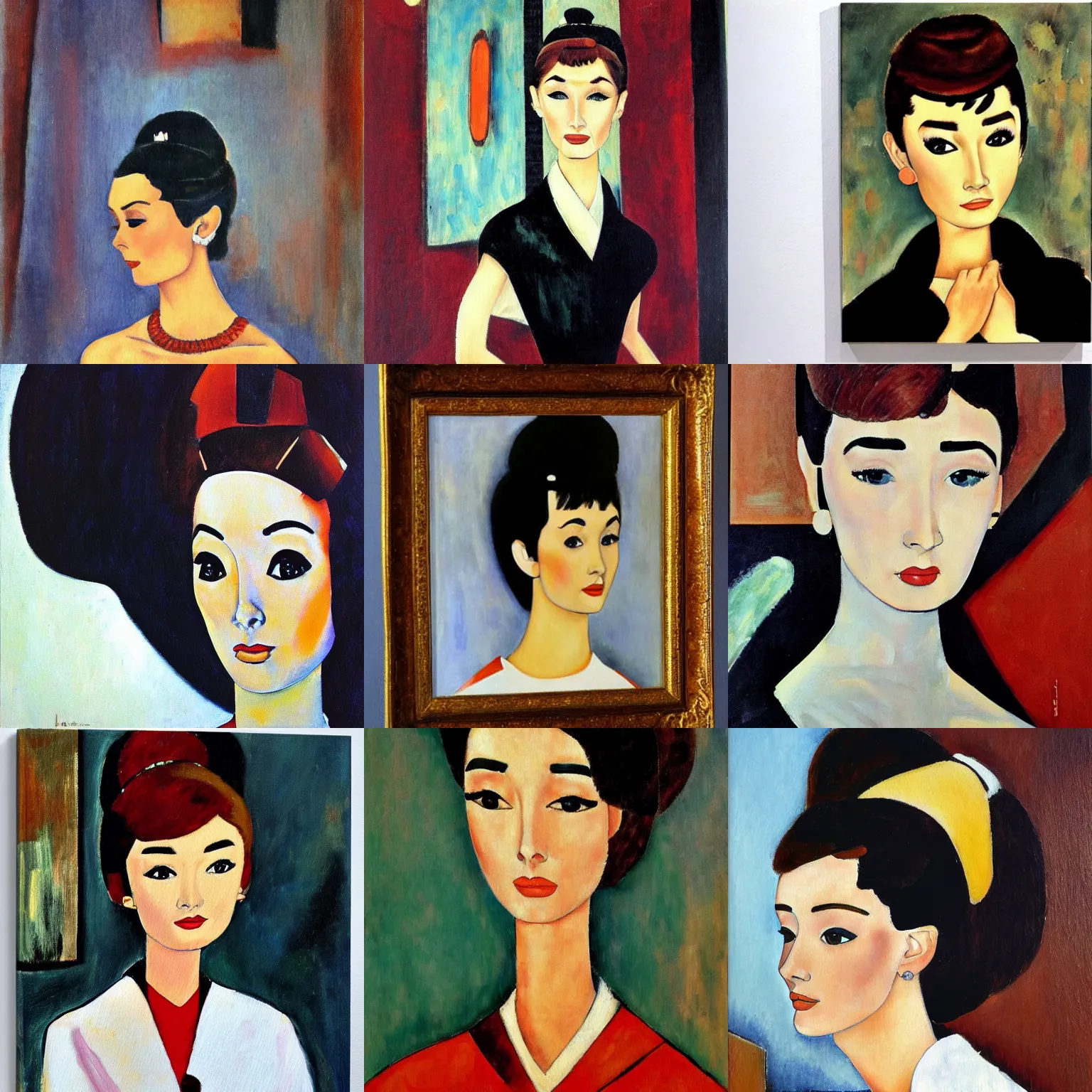 Prompt: an oil painting of audrey hepburn as japaness orian by Modigliani