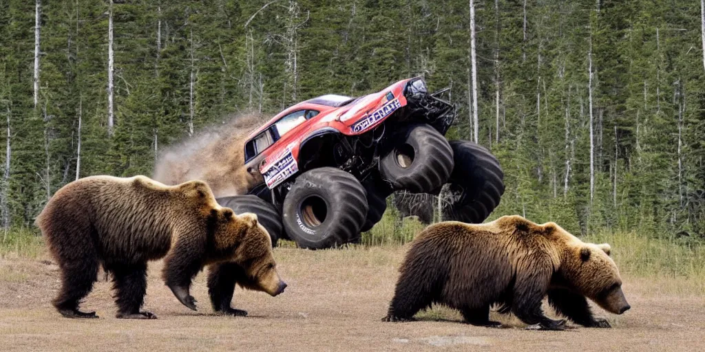 Prompt: A monster truck fighting a grizzly bear in its natural habitat