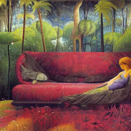 Image similar to psychedelic couch sofa in the lush forest, milky way, designed by arnold bocklin, jules bastien - lepage, tarsila do amaral, wayne barlowe and gustave baumann, cheval michael, trending on artstation, mediterranean, star, sharp focus, colorful refracted sparkles and lines, soft light, 8 k 4 k