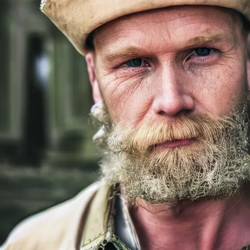 Image similar to close up of face of average looking 5 0 year old polish blond man with a blond beard and blond mutton chops, short wavy blond hair, green eyes, 1 8 0 0 s soldier, portrait, 4 k