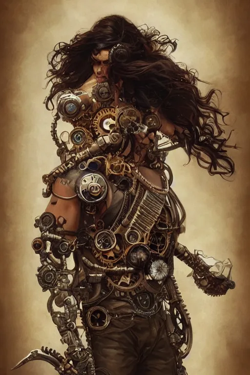 Image similar to jason momoa as a steampunk cyborg, portrait, western, steampunk, duster, fantasy, intricate, elegant, highly detailed, digital painting, artstation, concept art, sharp focus, illustration, art by artgerm and greg rutkowski and alphonse mucha