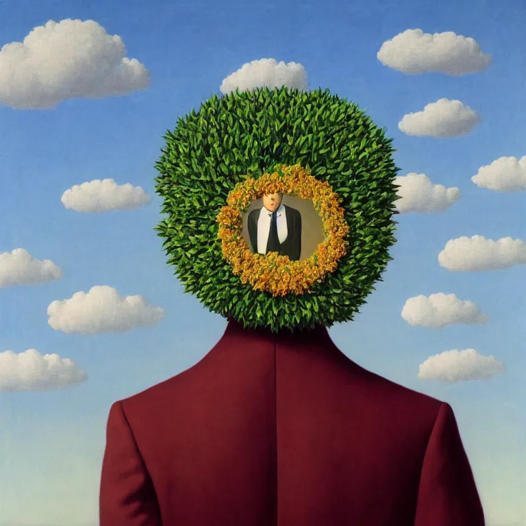 Image similar to portrait of a faceless beautiful flower - head man in a suit, clouds in the background, by rene magritte, detailed painting, distance, middle centered, hd, hq, high resolution, high detail, 4 k, 8 k