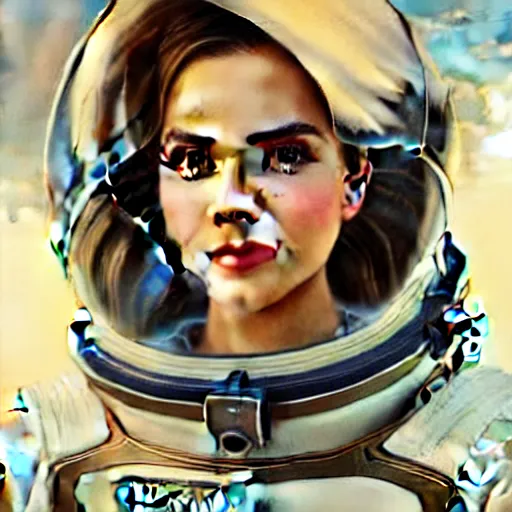 Image similar to A combination of Victoria Justice's and Grace Kelly's and Emma Watson's appearances as an astronaut, full body portrait, western, D&D, fantasy, intricate, elegant, highly detailed, digital painting, artstation, concept art, matte, sharp focus, illustration, art by Artgerm and Greg Rutkowski and Alphonse Mucha