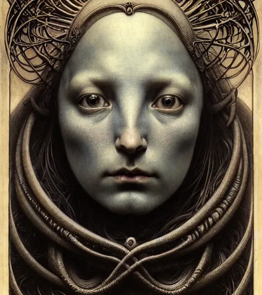 Image similar to detailed realistic beautiful young medieval alien robot grimez face portrait by jean delville, gustave dore and marco mazzoni, art nouveau, symbolist, visionary, gothic, pre - raphaelite. horizontal symmetry by zdzisław beksinski, iris van herpen, raymond swanland and alphonse mucha. highly detailed, hyper - real, beautiful, fractal baroque