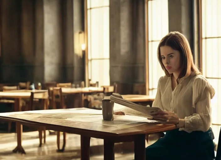 Prompt: film still. screenshot. young woman. sitting at a table. holding a newspaper. in public cafeteria. extremely detailed. directed by christopher nolan and denis villeneuve. 4 k.