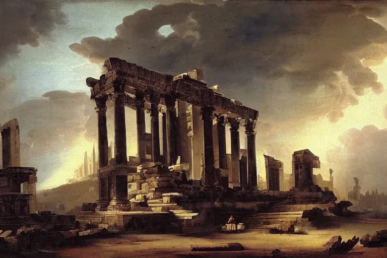 Image similar to painting spaceship crashed into rome temple by hubert robert detailed