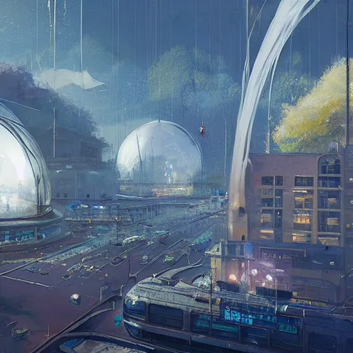 Image similar to A city trapped in a giant transparent dome, bubbles, cinematic lighting, insanely detailed, intricate, artstation, cgsociety, painted by Simon Stalenhag, Craig Mullins, concept art, illustration, sharp focus,