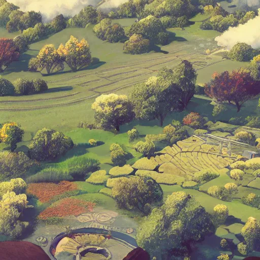 Prompt: a beautiful field landscape illustration of a big town with a heavenly by a pool surrounded by rolling hills, during spring, with a few clouds by chase stone, pat oliphant, featured on behance, featured on artstation, featured on illustrationx, featured on conceptartworld, concept art, barometric projection, f 1 6